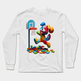 funny puzzle dog basketball Slam Dunked sport boys men kids Long Sleeve T-Shirt